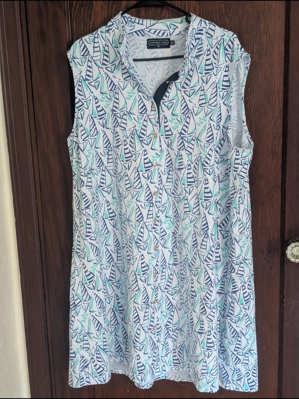 Duffield Lane White Sleeveless Sailboat-Print Mini Dress with Navy & Aqua